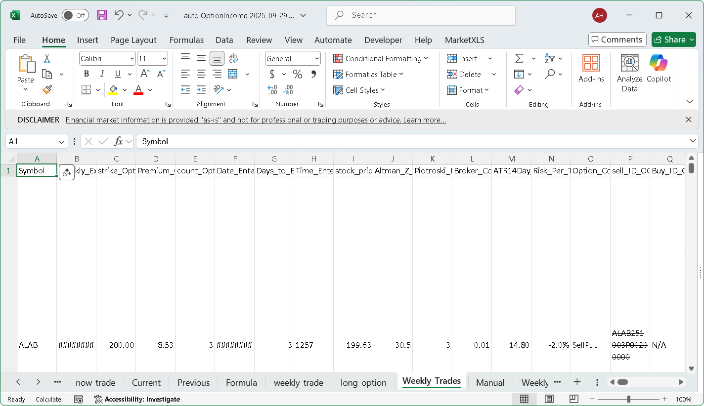 Excel weekly put-selling worksheet with rule columns, deltas, and position size formulas